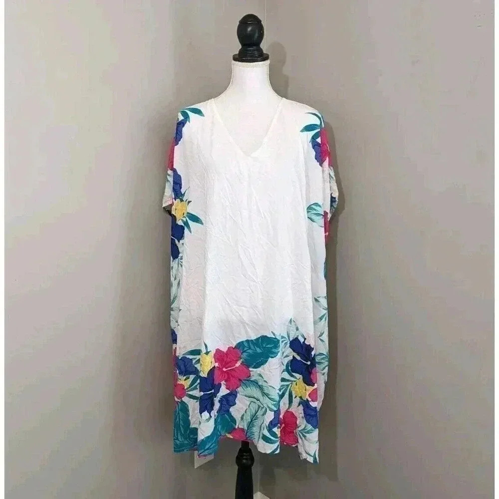 Swim by Cacique White Floral Tropical Cover Up Dress NWT Size 18 20 V Neck $60